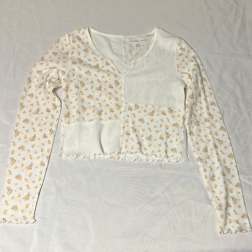 American Eagle Waffle Knit Cropped Henley Long Sleeve Block Pattern